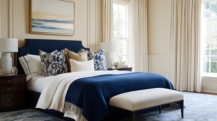 Aufkleber - Minimalist design featuring navy bedding, cream walls, and abstract gold art, understated elegance