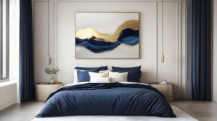 Aufkleber - Minimalist design featuring navy bedding, cream walls, and abstract gold art, understated elegance
