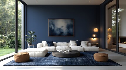 Poster - Minimalist design featuring navy wall art, cream furniture, and soft ambient lighting, clean and artistic