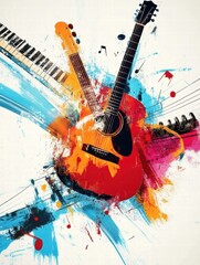 Poster - Musical instruments and vibrant colors create an explosion of creativity in a dynamic art display. Generative AI