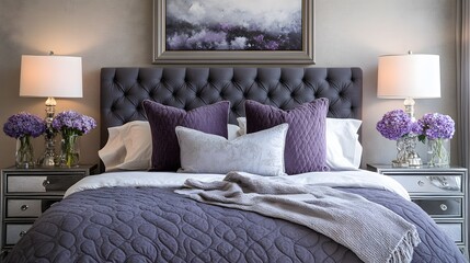 Poster - Luxurious design with a deep charcoal gray tufted headboard, soft lavender linens, and silver bedside lamps, opulent and refined