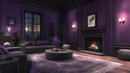 Poster - A cozy design with soft lavender walls, charcoal gray furniture, and a plush gray area rug, calming and warm