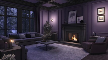 Poster - A cozy design with soft lavender walls, charcoal gray furniture, and a plush gray area rug, calming and warm