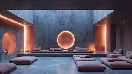 Poster - Minimalist design featuring blush pink throws, charcoal furniture, and soft ambient lighting, clean and stylish