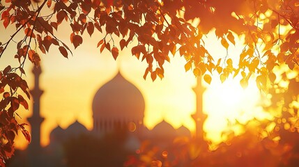 Wall Mural - Sunset view of mosque, autumn leaves, peaceful scene, travel photography