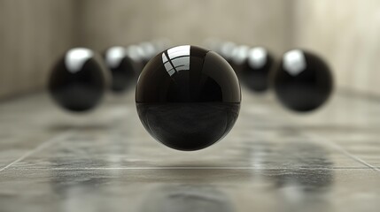Poster - Floating black spheres abstract space 3d render modern environment focused view visual art concept