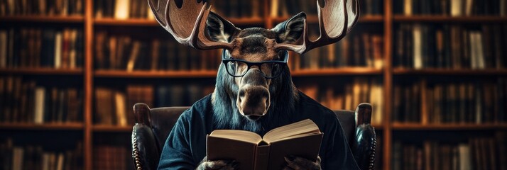 Poster - Moose wearing reading glasses enjoys a book in a vintage library filled with shelves of literature. Generative AI