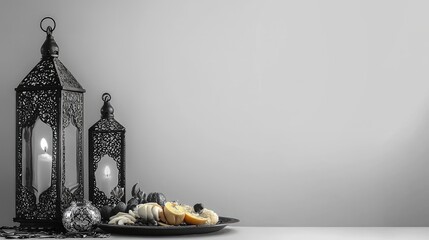 Poster - Black lanterns, candles, and ornaments on a table against a grey wall; festive decor