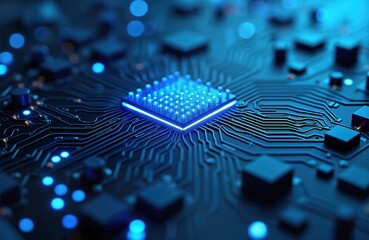 Fototapete - Advanced tech circuit board glows with intricate components. Intense blue light highlights electronic parts. Modern tech innovation. Detailed graphic of data processing system. Future tech. Digital,