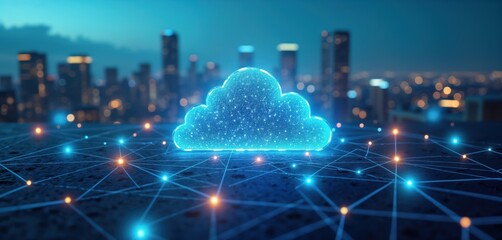 Poster - Futuristic cityscape panorama. Cloud computing network symbolized by glowing cloud, connected nodes. Modern city at night. Tech network concept. Digital connectivity, urban infrastructure, future