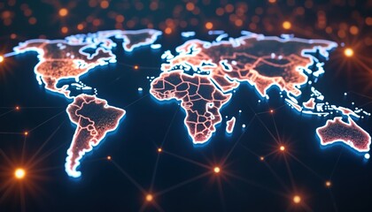 Poster - Global network map shows interconnected countries. Digital tech illustration of world map with glowing outlines, connecting lines. Abstract representation of global communications. Conceptual tech