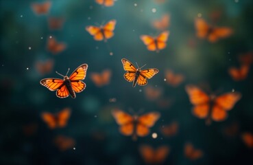 many orange butterflies fly in magical abstract design. fly in dark blue nature background with soft