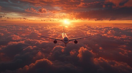 Wall Mural - Airplane flies above clouds at sunset.