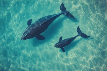 Poster - Mother whale and her calf swimming gracefully in clear blue ocean waters near a vibrant coral reef. Generative AI