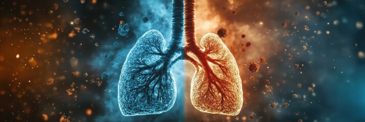 Poster - Realistic depiction of human lungs engulfed in smog and dust particles illustrating pollution and respiratory health risks. Generative AI