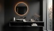 © Viktor - Modern black bathroom interior design. Round mirror with ambient lighting, countertop basin, wall-mounted faucet on dark marble counter. Stylish black color scheme. Luxurious, minimalist style.