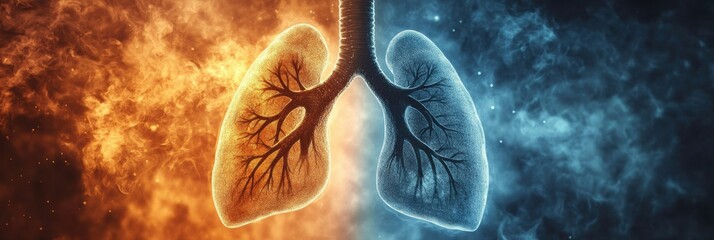 Poster - Realistic depiction of lungs surrounded by smog and dust particles highlighting air quality issues and health concerns. Generative AI