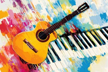 Poster - Creative harmony with a guitar and piano surrounded by colorful music notes and artistic expression. Generative AI
