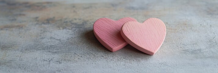 Poster - Two pink wooden hearts leaning on each other on a gray textured background, creating a romantic atmosphere perfect for valentine's day, mother's day, or spring celebrations