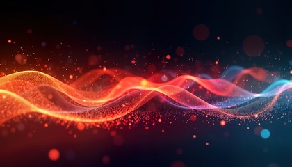 Poster - Dynamic abstract sound waves with vibrant colours create tech-inspired visual art piece. Colorful particle waves move dynamically against dark background. 3d design suggests multimedia uses,