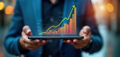 Poster - Businessman confidently displays financial growth chart on tablet. Successful investor impressive profit results. Investment strategy demonstrates excellent performance. Analysis sound investment