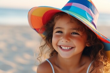 Wall Mural - Portrait of a smiling little girl in a hat on the beach