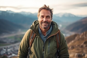 Wall Mural - Portrait of a smiling man with a backpack in the mountains.