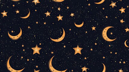 Wall Mural - golden crescent moons and stars night sky pattern, background design
