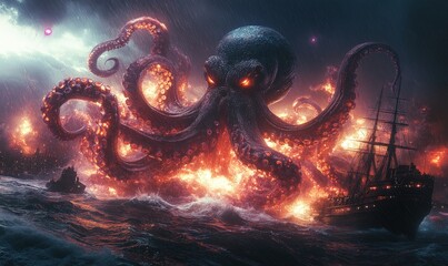 Canvas Print - Fiery kraken attacks ships, stormy sea.