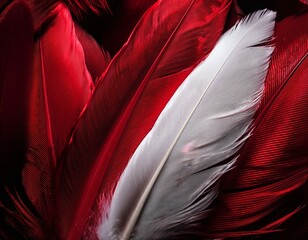 beautiful abstract white and red feathers on black background and soft white feather texture on red 