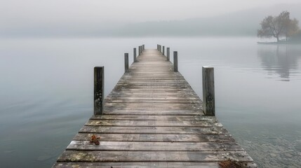  A serene wooden dock extending into a misty lake, creating a tranquil atmosphere.