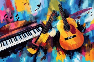 Fototapete - Colorful musical instruments create vibrant energy with notes and creativity flowing in an artistic composition. Generative AI