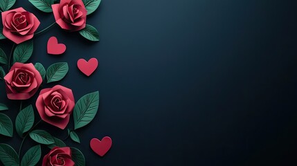 Wall Mural - Romantic red roses, hearts, dark background; Valentine's Day greeting