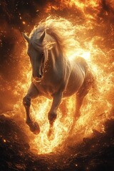 Wall Mural - Fiery white horse gallops through flames.