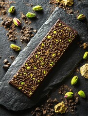 Aufkleber - Pistachio filled chocolate bar adorned with intricate arabesque patterns and elegant golden embellishments. Generative AI