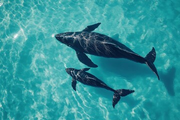 Poster - Mother whale gently swims with her calf in crystal clear ocean waters under bright sunlight. Generative AI