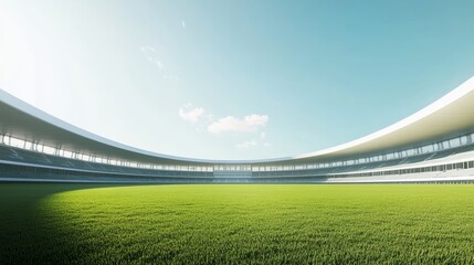 Aufkleber - Lush green playing field stretches out within a modern, elliptical stadium, bathed in the warm glow of a sunny day, ready for a thrilling sporting event