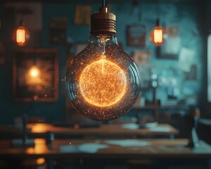 Poster - Glowing Ideas Floating Above Students  Desks in a Creative Classroom Setting