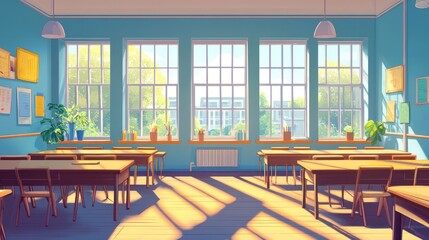 Wall Mural - Sunny classroom with desks, windows, and plants.