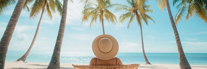 Aufkleber - Woman wearing straw hat relaxing on beach chair enjoying the turquoise sea view between palm trees during summer vacation in a luxury resort