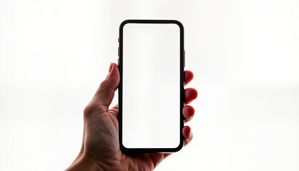 Poster - Hand holding smartphone with blank transparent screen. Modern device mockup for various uses. Versatile for apps media content on transparent display. Ideal for mockups, templates, marketing. Clear