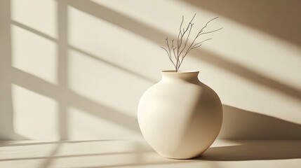 Poster - Minimalist beige vase with dried twigs in sunlight.