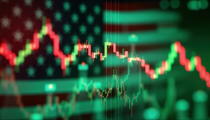Poster - stock market chart fluctuates on screen with usa flag backdrop. economic trends, recession effects o