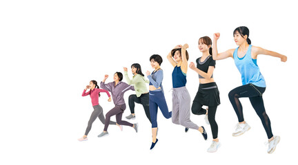 Poster - 元気にジャンプするスポーツウェアを着た女性グループ　手作業で精密に切り抜いた背景透過全身写真PNG（1人ずつのPNG画像も販売しております。作成者リンクから「PNG」で検索してください）