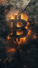 Aufkleber - Burning bitcoin symbol shows crypto market volatility and risk. Dark background enhances fiery glow, representing potential crisis and downfall
