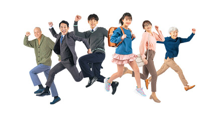 Fototapete - 元気よくジャンプする三世代家族　手作業で精密に切り抜いた背景透過全身写真PNG（1人ずつのPNG画像も販売しております。作成者リンクから「PNG」で検索してください）