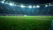 © Viktor - Close up view of lush green soccer field at night. Stadium filled with people. Illuminated by spotlights. Intense energy. Ready for match. Exciting sporting event. Professional level.