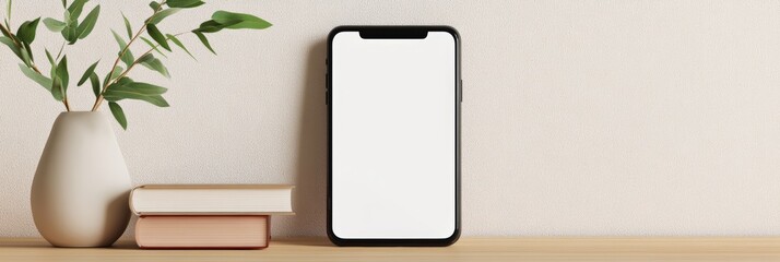 Poster - Modern smartphone with blank white screen standing on wooden desk next to books and plant in a vase, perfect for showcasing mobile app or website design