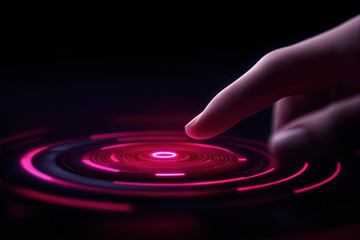Poster - Touching a glowing interactive interface with vibrant pink design at night