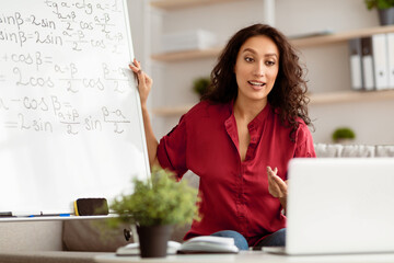 Poster - Modern Distance Learning. Math teacher making video conference chat with students using pc laptop. Confident woman teaching from home. Homeschooling during quarantine and coronavirus outbreak.